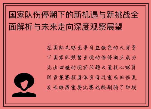国家队伤停潮下的新机遇与新挑战全面解析与未来走向深度观察展望